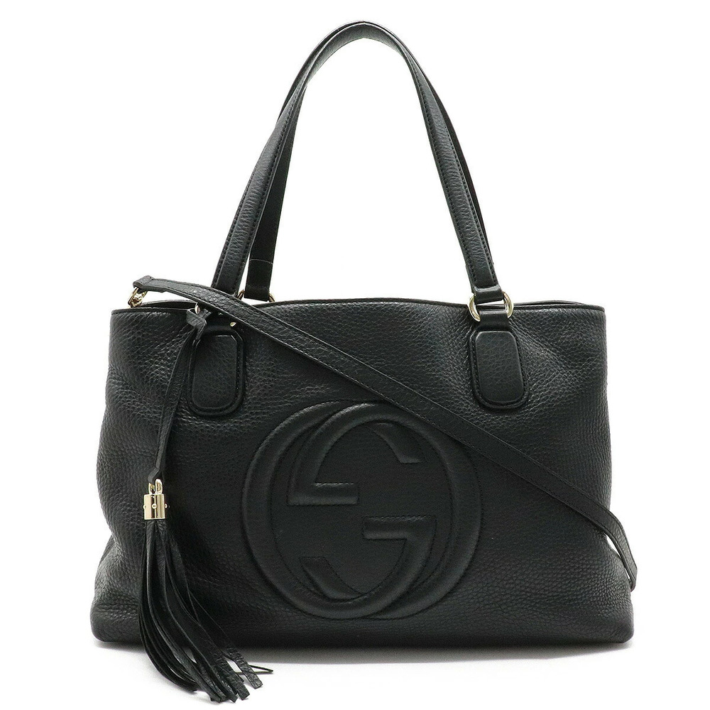 Gucci Soho Working Tote Bag Shoulder Tassel Fringe Leather Black